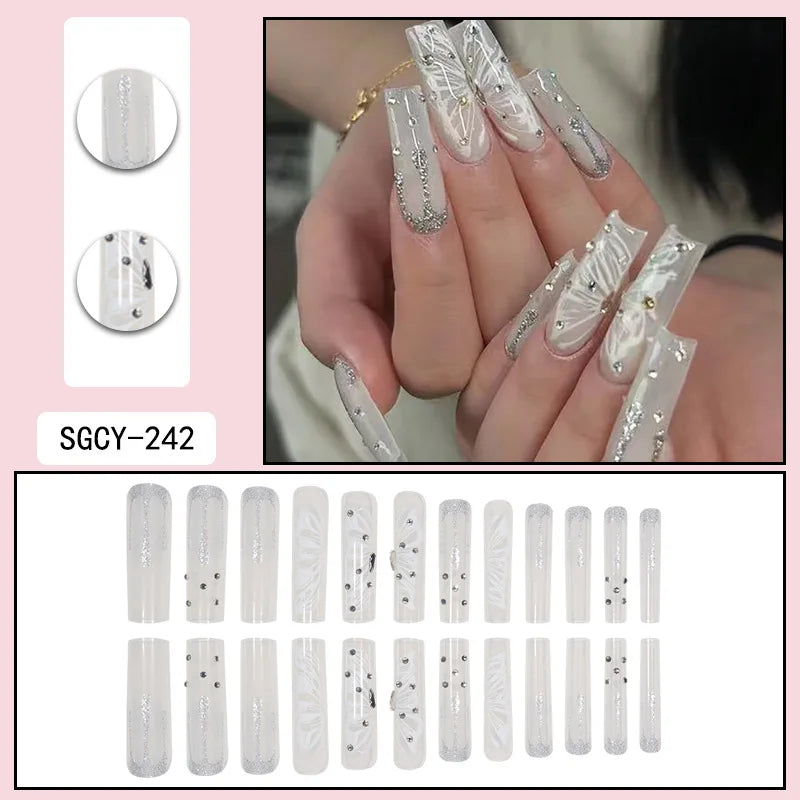 Ultra Long Coffin Press On Nails — 3D Butterfly & Floral Design, 24 Pieces