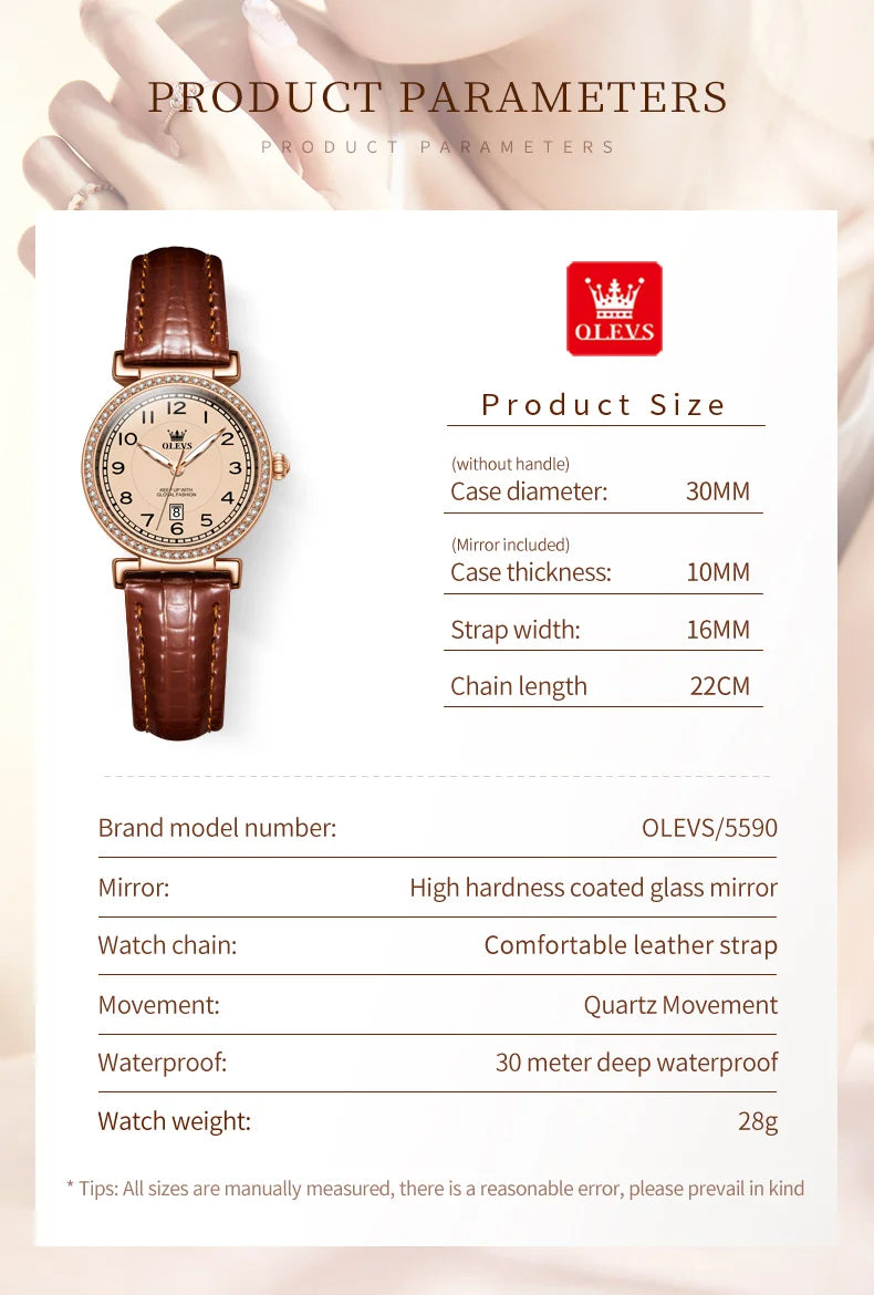 OLEVS 5590 Luxury Women's Watch — Diamond Bezel & Leather Strap