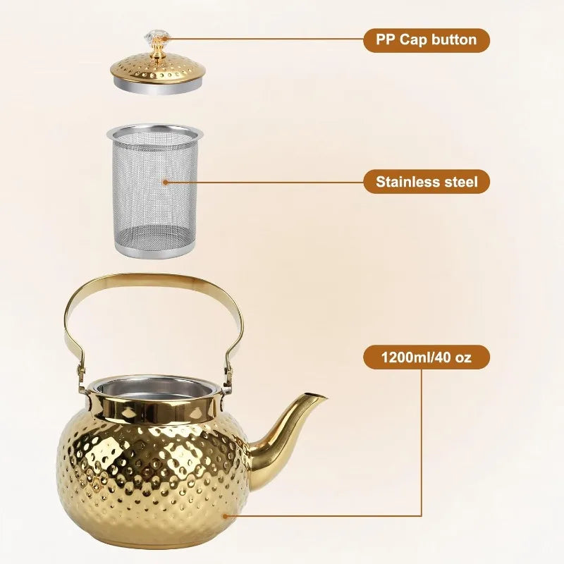 Hammered Stainless Steel Tea Kettle — Vintage Style Pot with Strainer