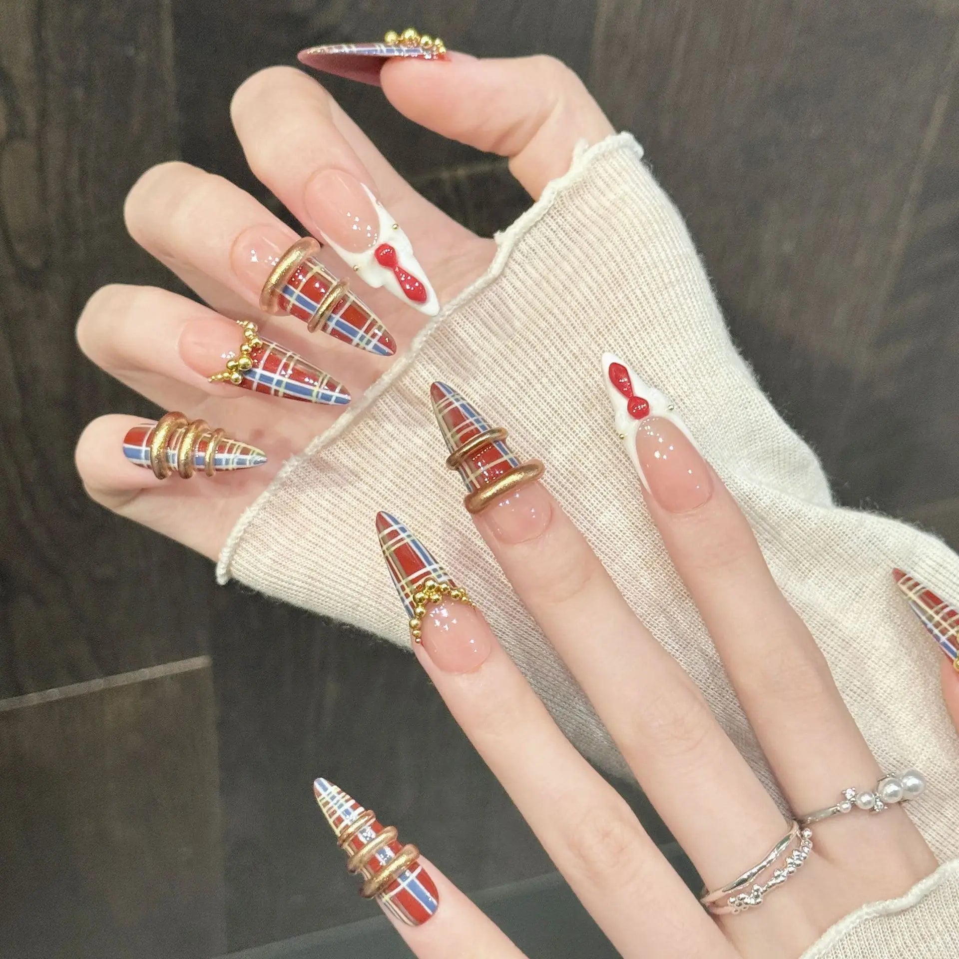 Handmade Long Pointed Press On Nails — Retro Academic Style, 10 Pieces