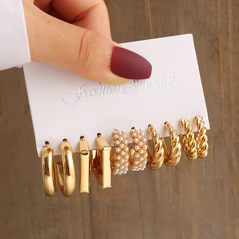Vintage Geometric Pearl Earrings Set — Gold Tone Dangle & Stud Jewelry