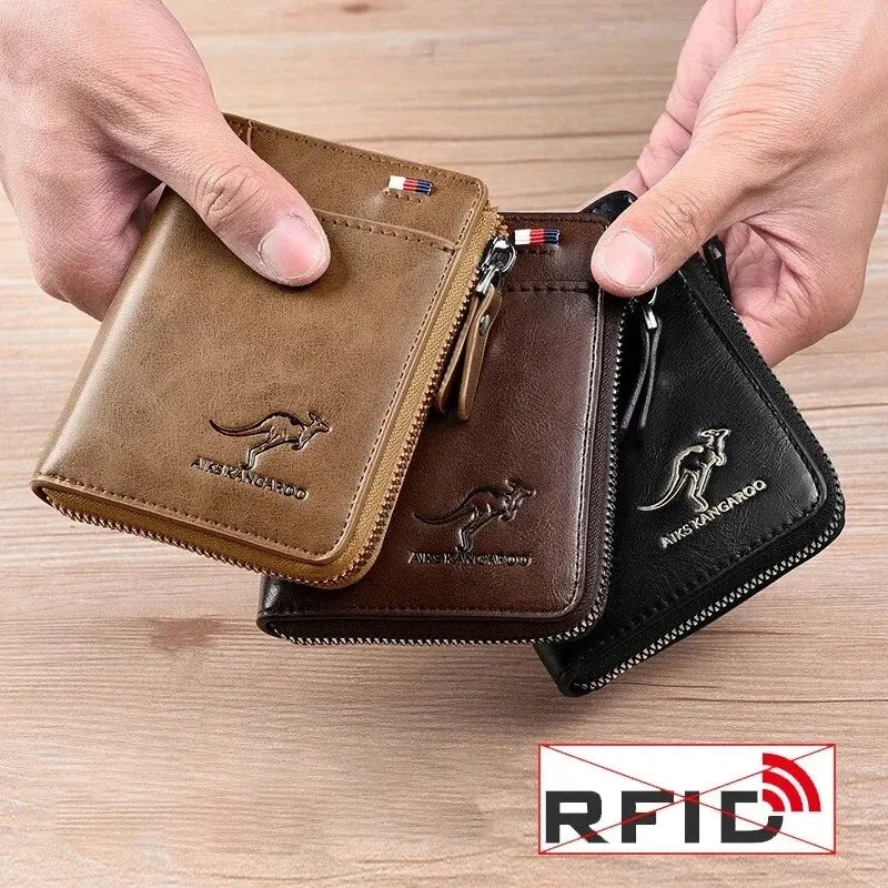 Men's Leather Business Card Holder — Slim Zippered RFID Protection Wallet