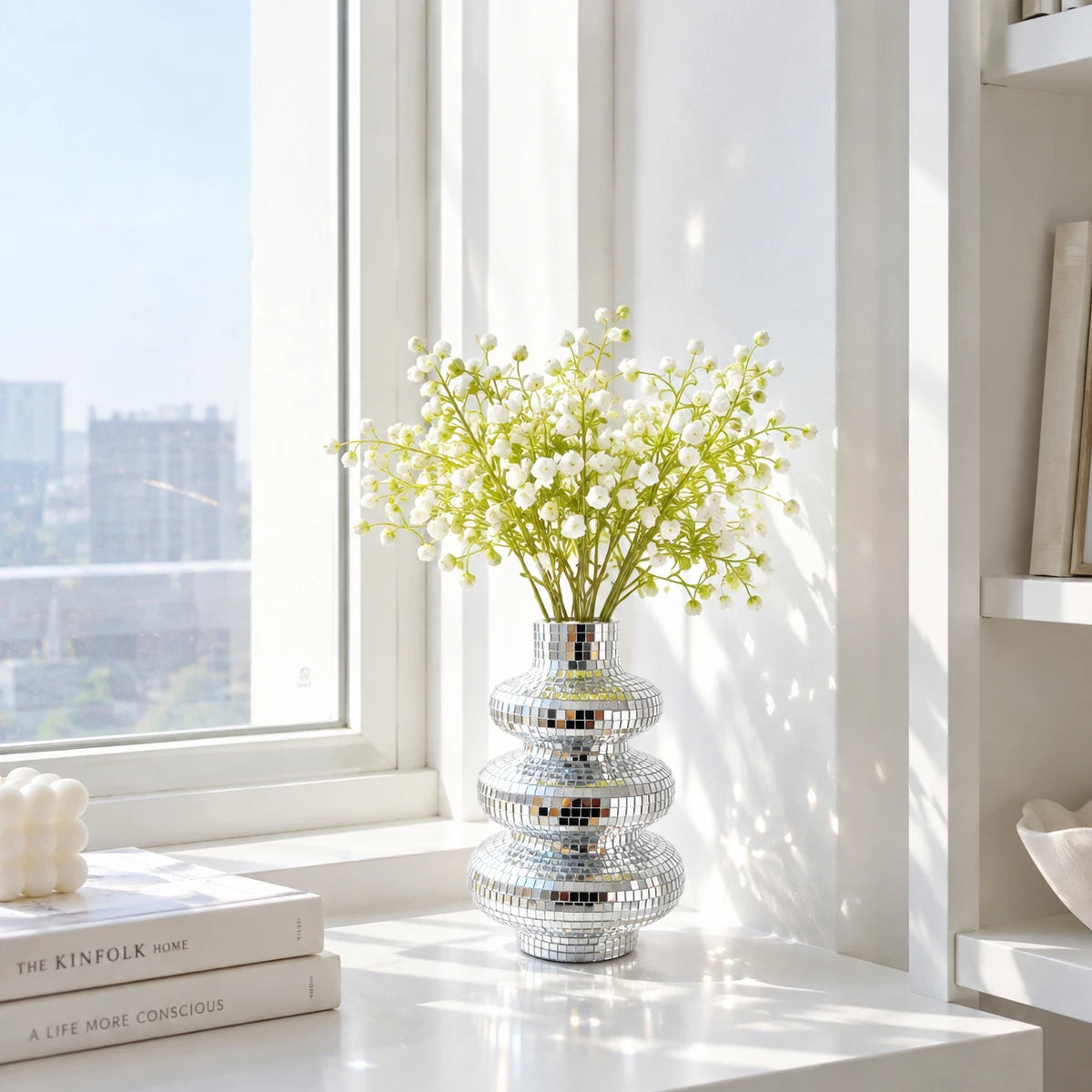 FngJiuyer Tiered Disco Ball Vase — Silver Mirror Mosaic Flower Decor