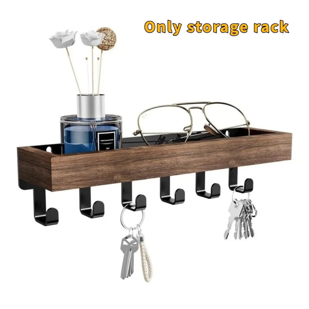 Multifunctional Wooden Key Holder — Wall Mounted Organizer with 6 Hooks