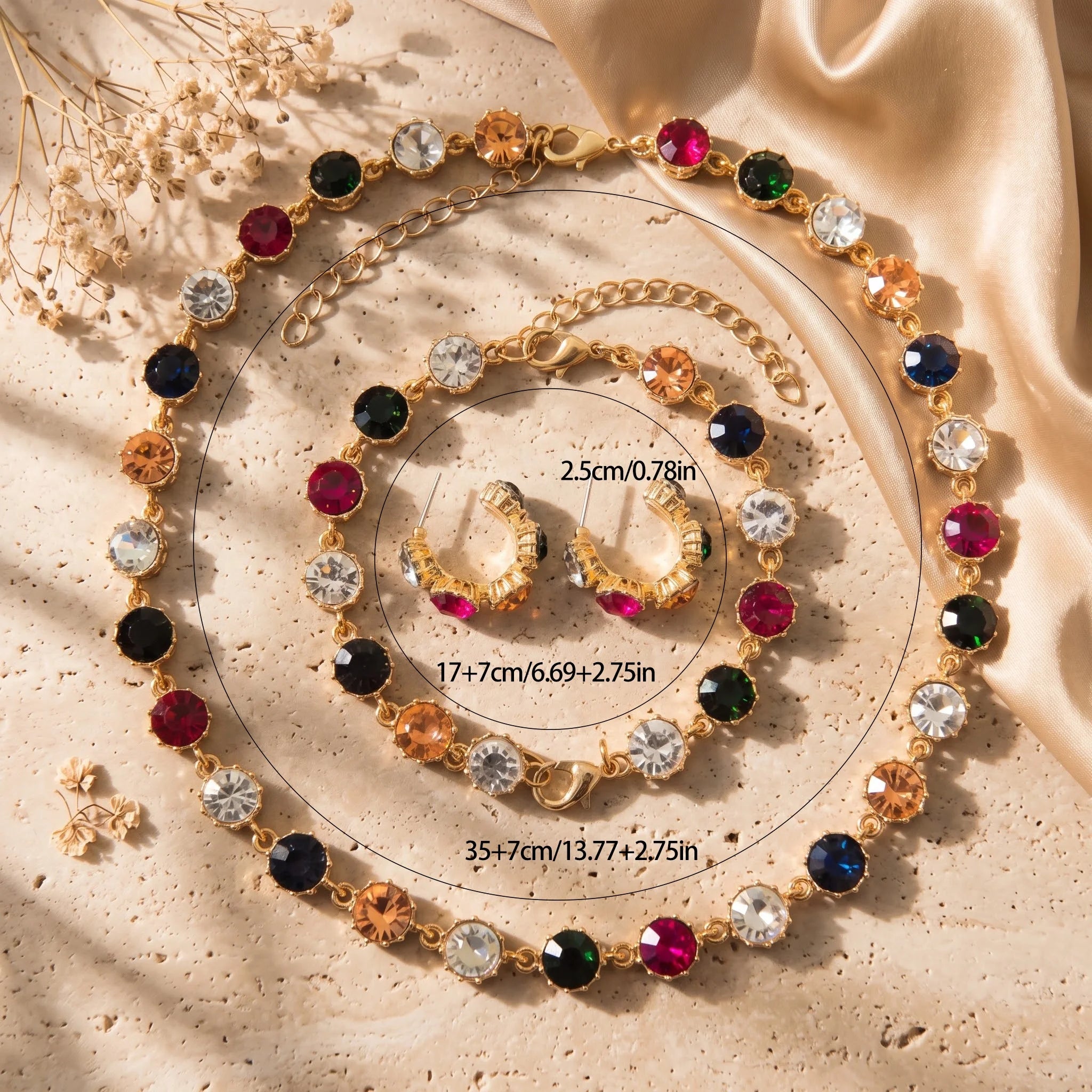 Obega Luxury Rhinestone Jewelry Set — Colorful Necklace, Bracelet & Earrings