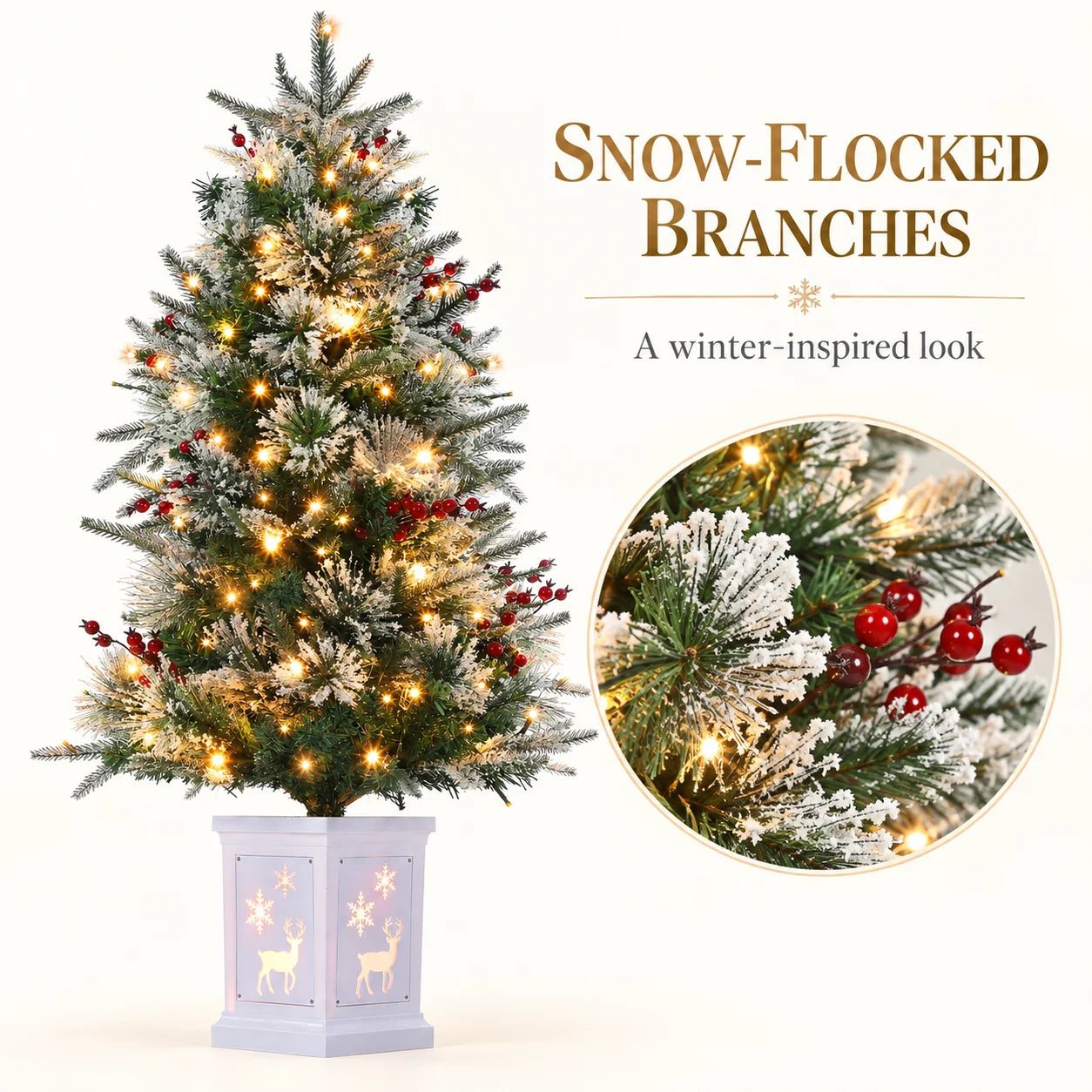 ANIXOL 3FT Pre-Lit Snow Flocked Christmas Tree — Warm White LED Lights