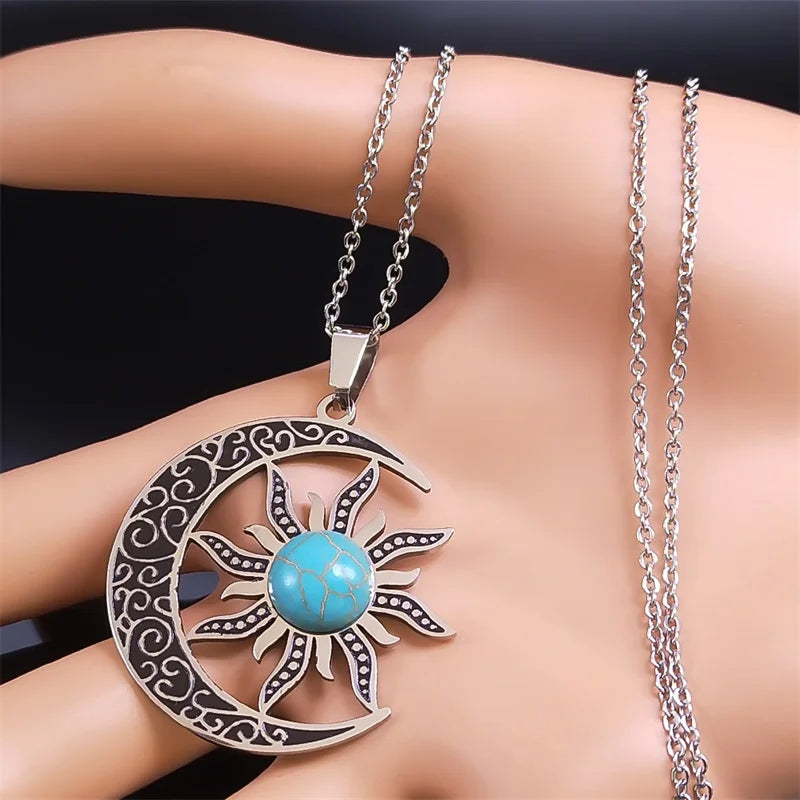 JYTF Moon and Sun Pendant Necklace — Vintage Stainless Steel Jewelry