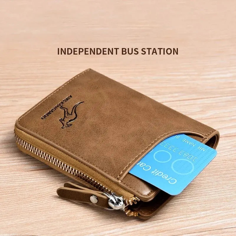 Men's Leather Business Card Holder — Slim Zippered RFID Protection Wallet