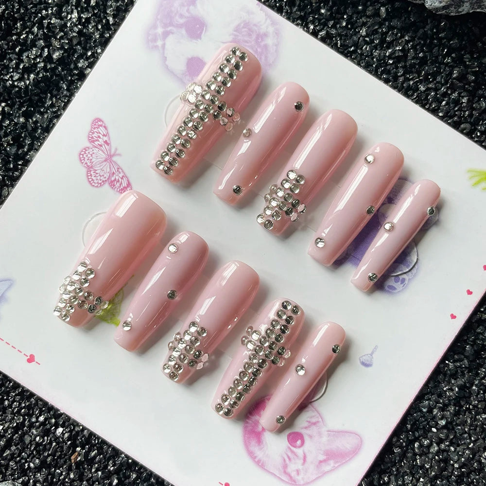 Handmade Long Coffin Pink Press On Nails — Cross Diamond Art Design