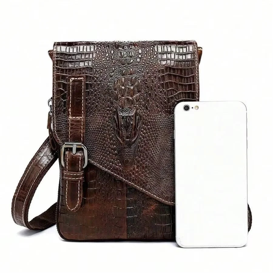 Men's Genuine Cowhide Shoulder Bag — Crocodile Embossed Crossbody Purse