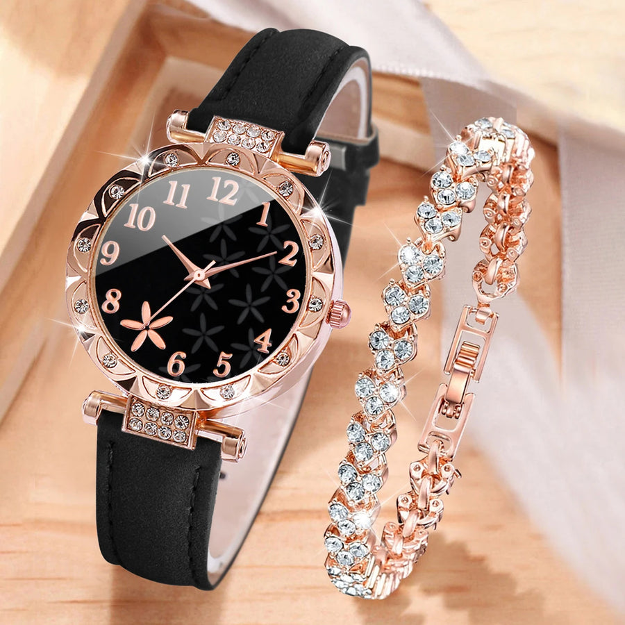 Women's Watch Set — Leather Band Quartz