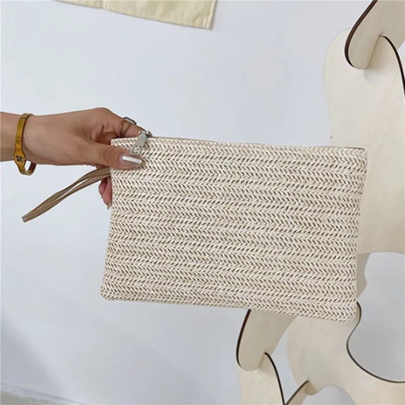 Woven Straw Wristlet Clutch — Bohemian Beach Wallet & Phone Pouch