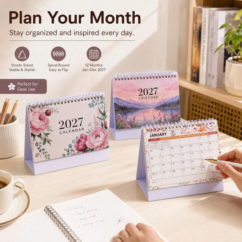 2027 Desk Planner Calendar — Spiral Bound Monthly Organizer, Floral Design