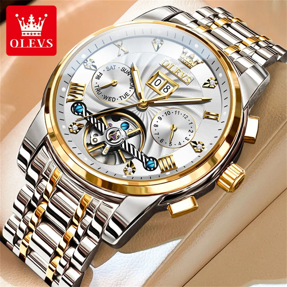 OLEVS Classic Men's Automatic Watch — Luxury Skeleton Tourbillon Design