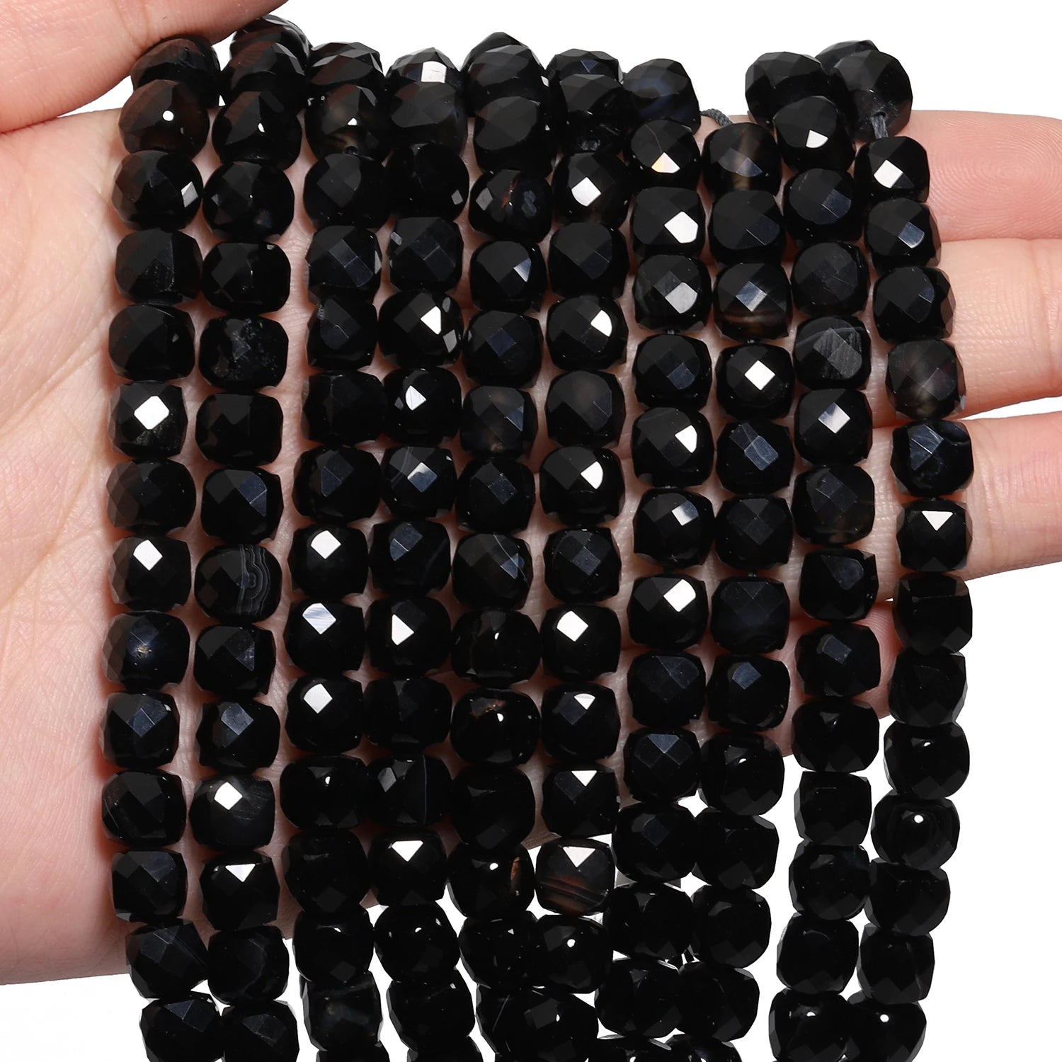 Kuoyu Black Stripe Onyx Cube Beads — Faceted Natural Stone Square Spacers
