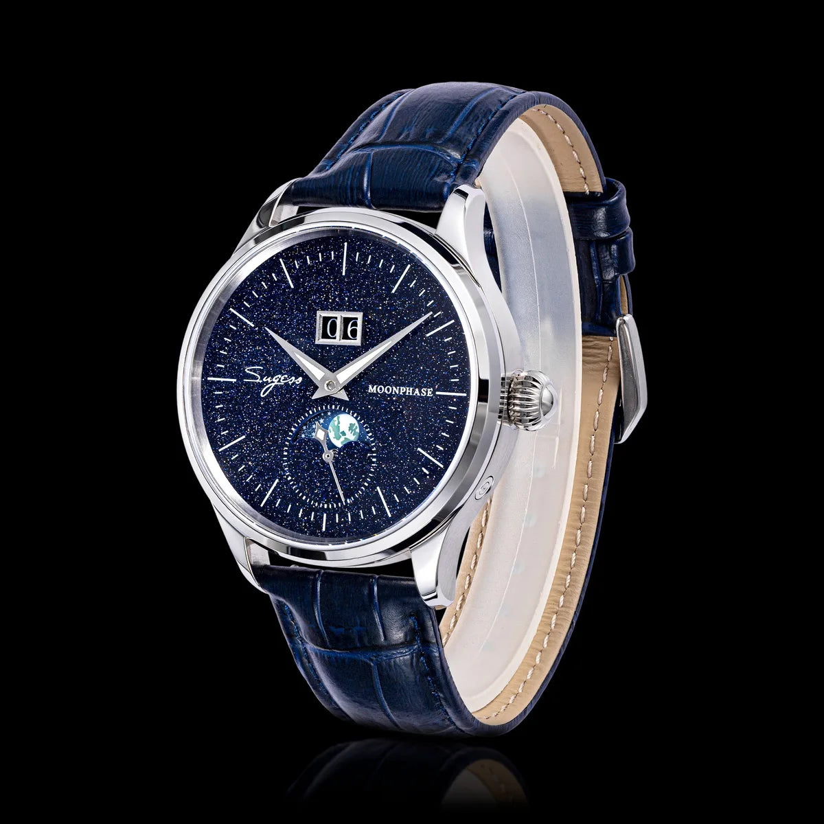 SUGESS Men's Moonphase Watch — Automatic Mechanical Blue Sandstone Dial