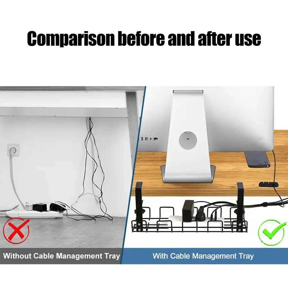 Under Desk Cable Management Tray — No-Drill Metal Wire Organizer