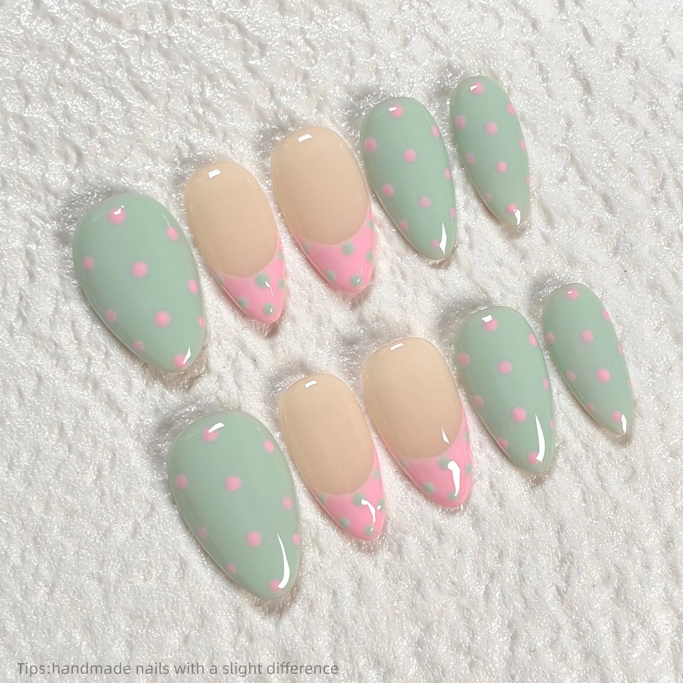 Handmade Short Almond Press On Nails — Glossy Polka Dot Design