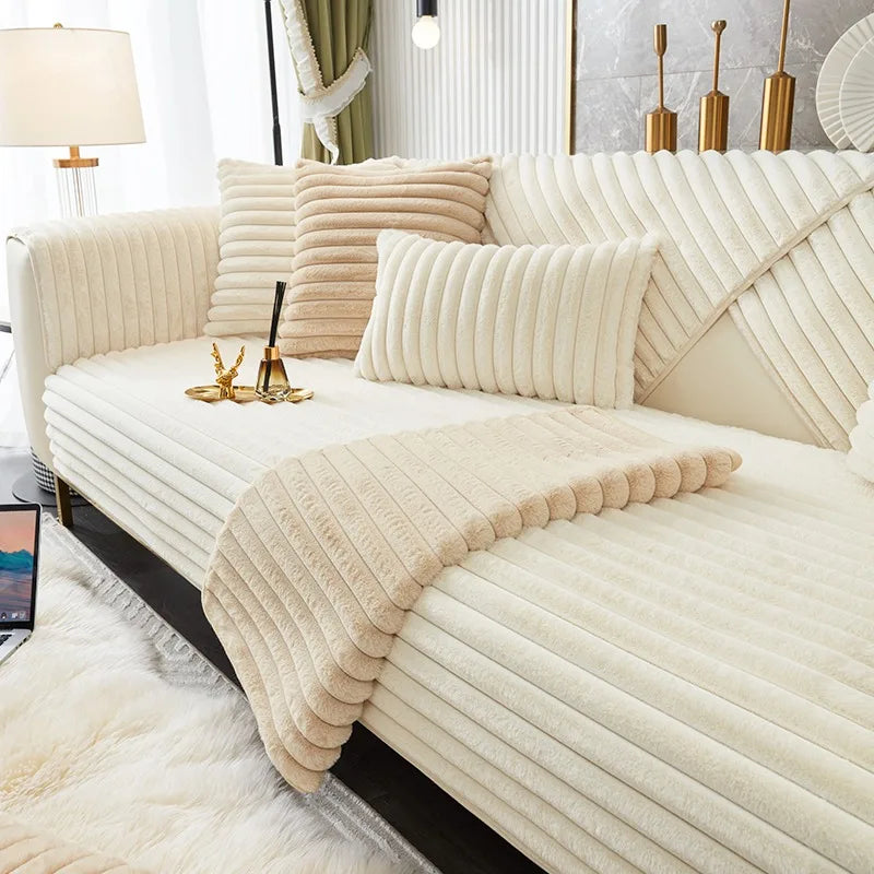 Plush Striped Sofa Cover — Soft Imitation Rabbit Fur Slipcover