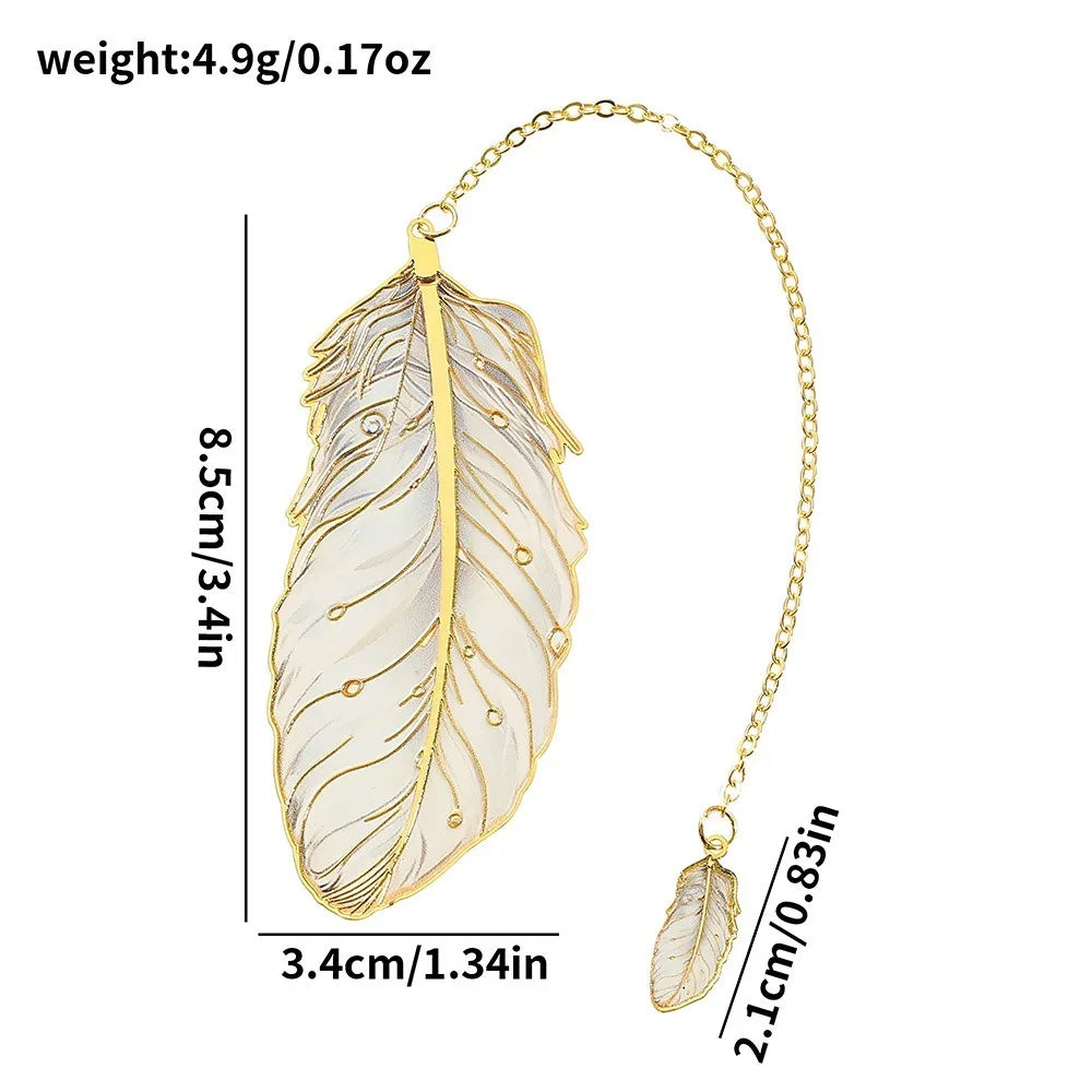 Elegant Metal Feather Bookmark — Decorative Page Marker with Pendant