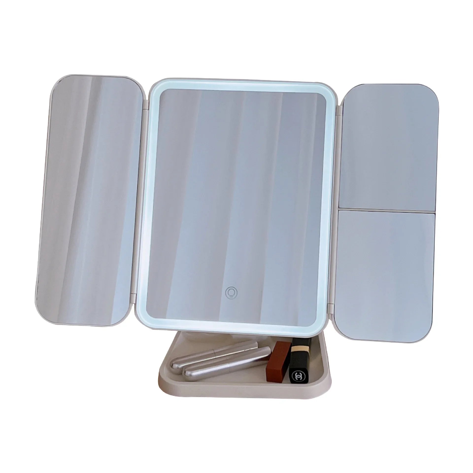 Trifold LED Makeup Mirror — Adjustable Magnification & Three Light Modes