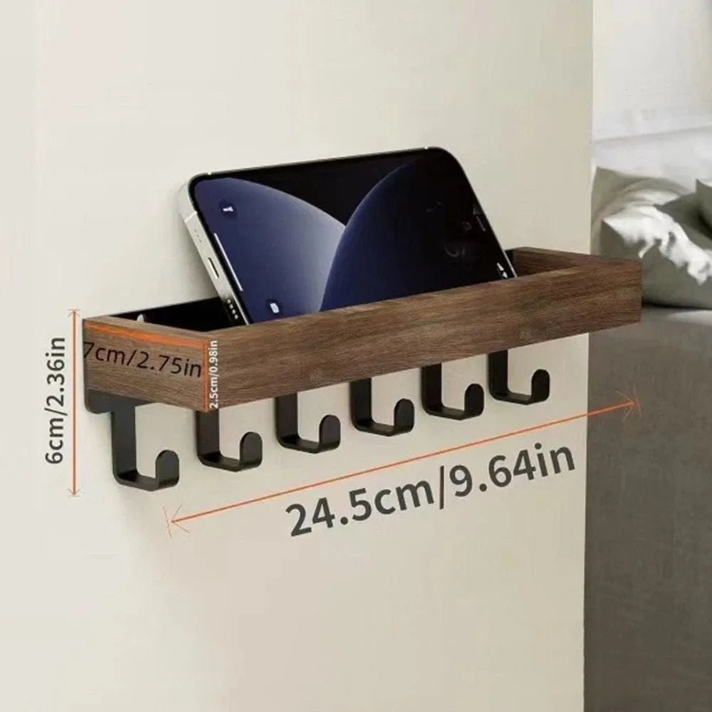 Multifunctional Wooden Key Holder — Wall Mounted Organizer with 6 Hooks