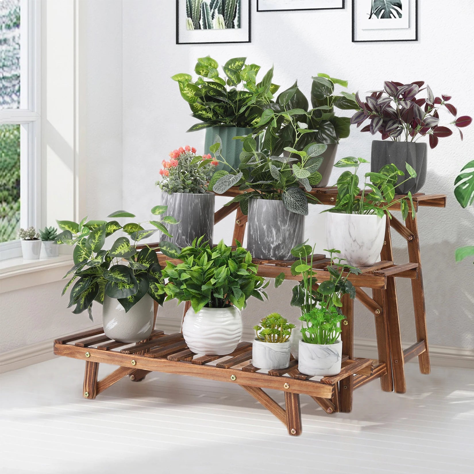 3-Tier Wooden Ladder Plant Stand — Multi-Size Flower Pot Organizer