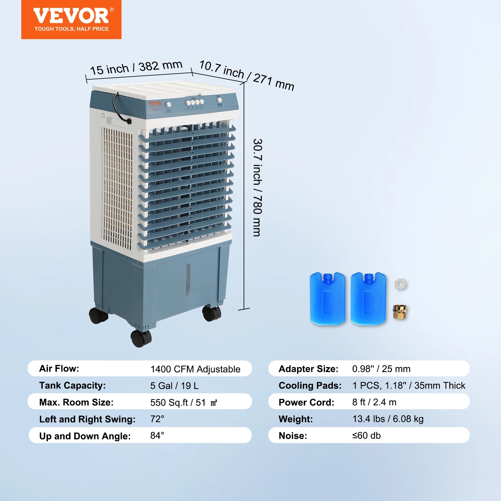 VEVOR Evaporative Air Cooler — Portable Oscillating Swamp Cooler with Timer