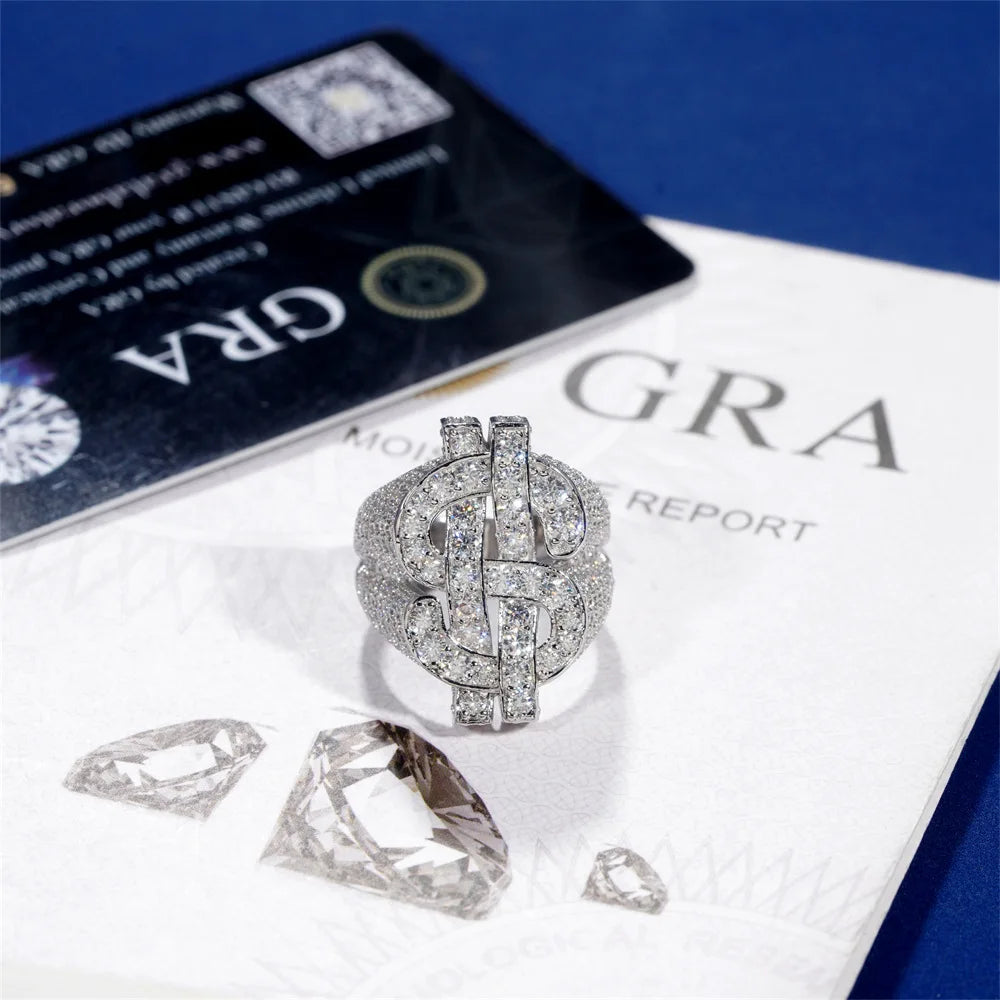 LYEE CYEE Moissanite Dollar Sign Ring — Iced Out 925 Sterling Silver Band