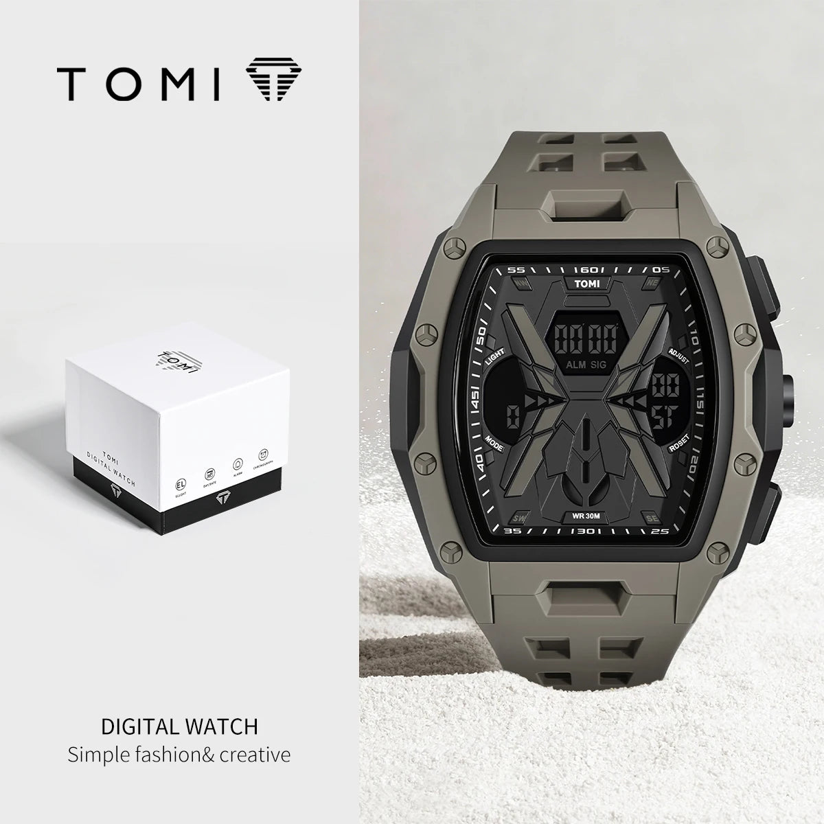 TOMI Men's Mecha Style Digital Watch — Breathable Silicone Sports Wristwatch