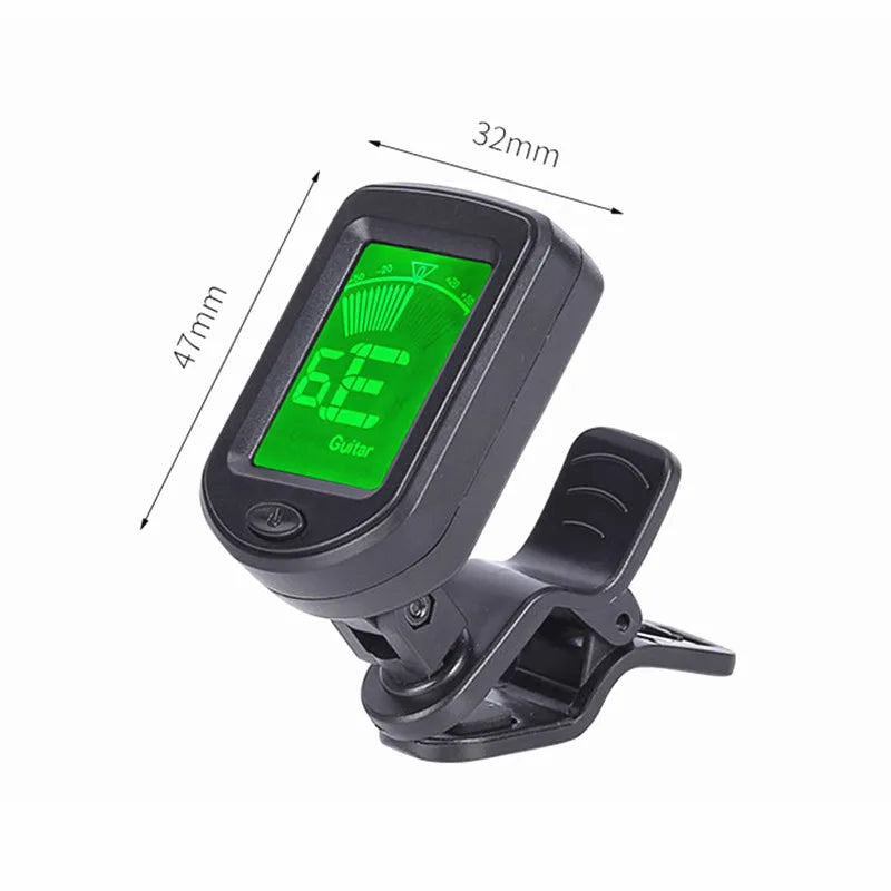 Clip-On Electronic Instrument Tuner — Digital LCD Display for Guitar and Bass