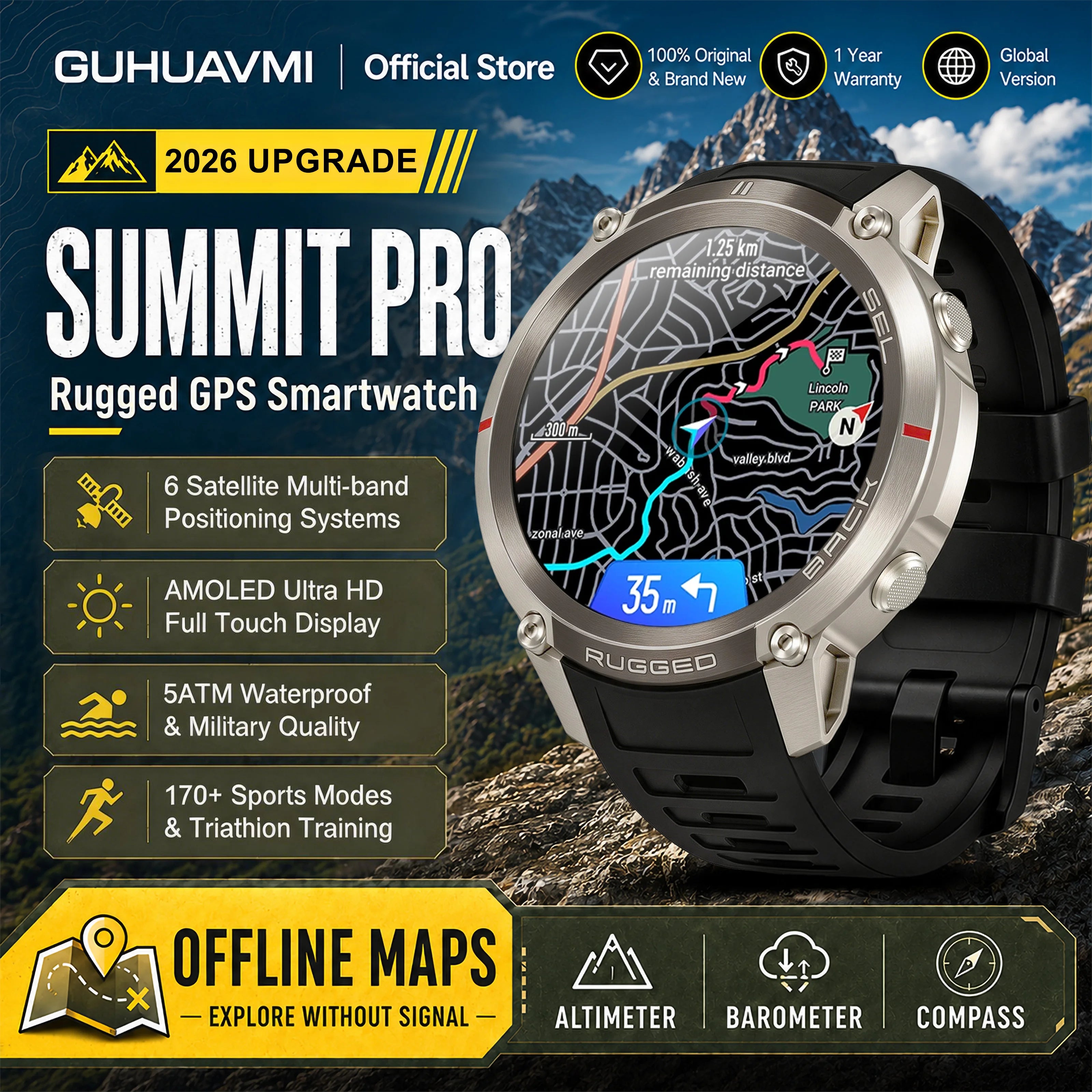 GUHUAVMI Military GPS Smartwatch — Offline Map & 5ATM Waterproof Sports Watch