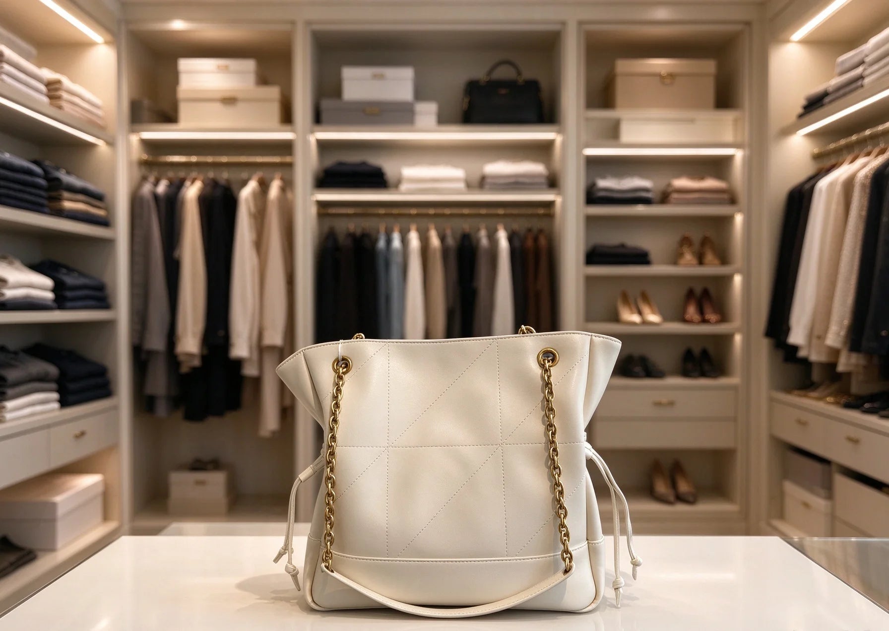 Elegant Off-White Diamond-Stitched Bucket Bag — Chic Chain-Strap Handbag