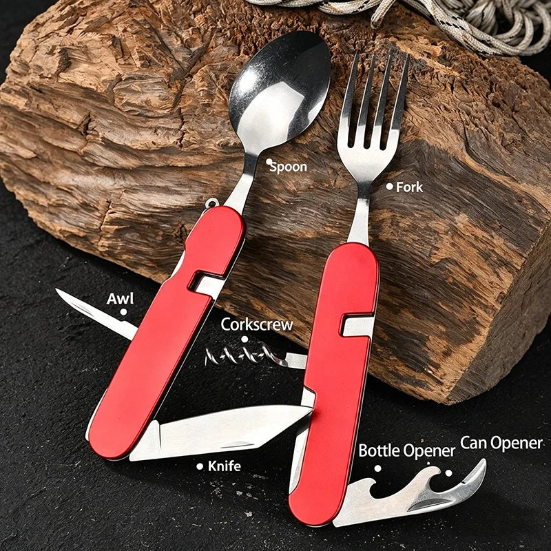 6-in-1 Stainless Steel Camping Cutlery Set — Portable Folding Outdoor Kit