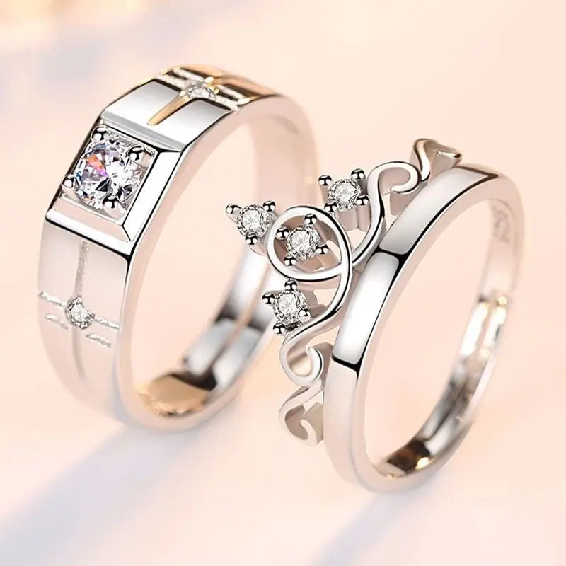 Luxury Zircon Couple Rings — Shiny Crown and Heart Design for Lovers