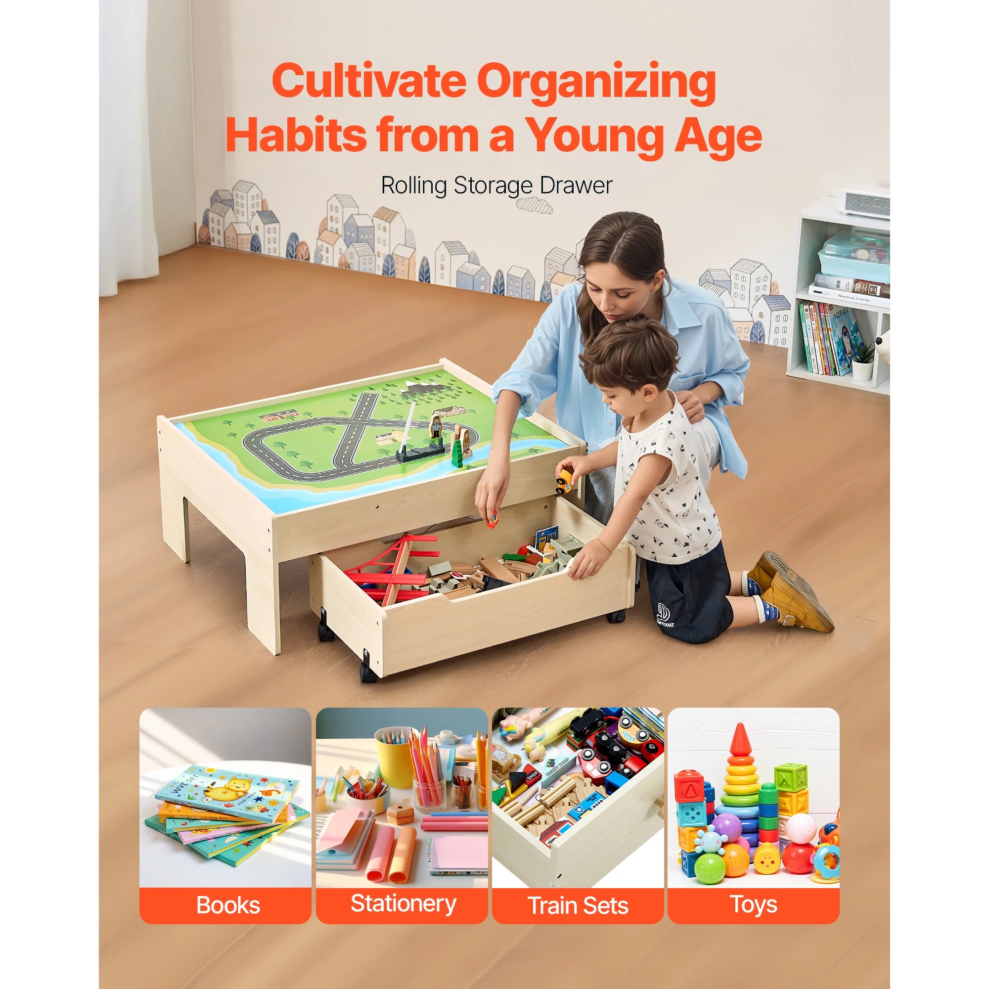 SucceBuy 3-in-1 Wooden Train Table — 100-Piece Activity Set with Storage