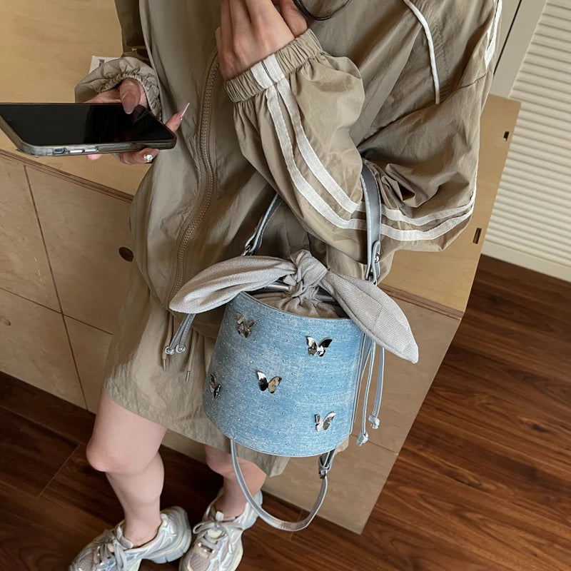 Denim Mini Crossbody Bag — Vintage Butterfly Bucket Handbag