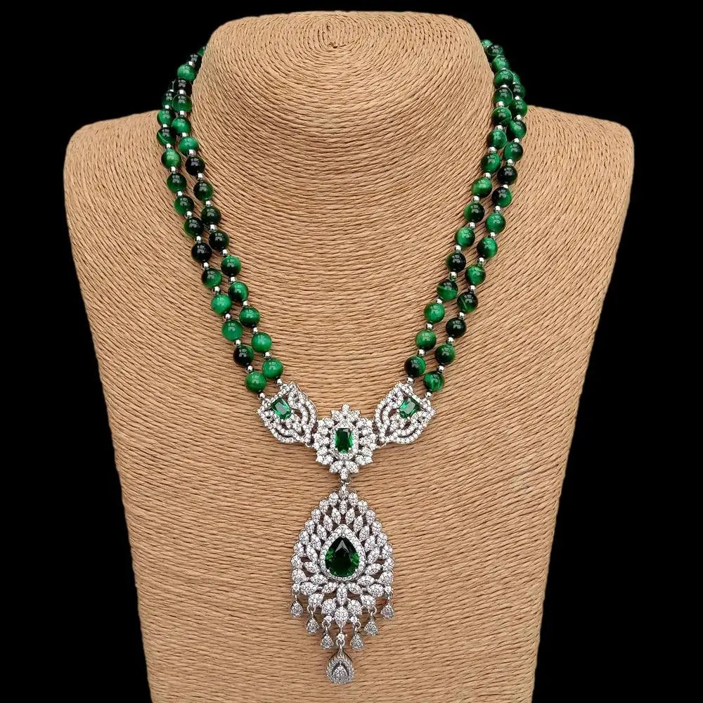 SETTIMANA Green Tiger Eye Pendant Necklace — Double Strand CZ Pave Jewelry
