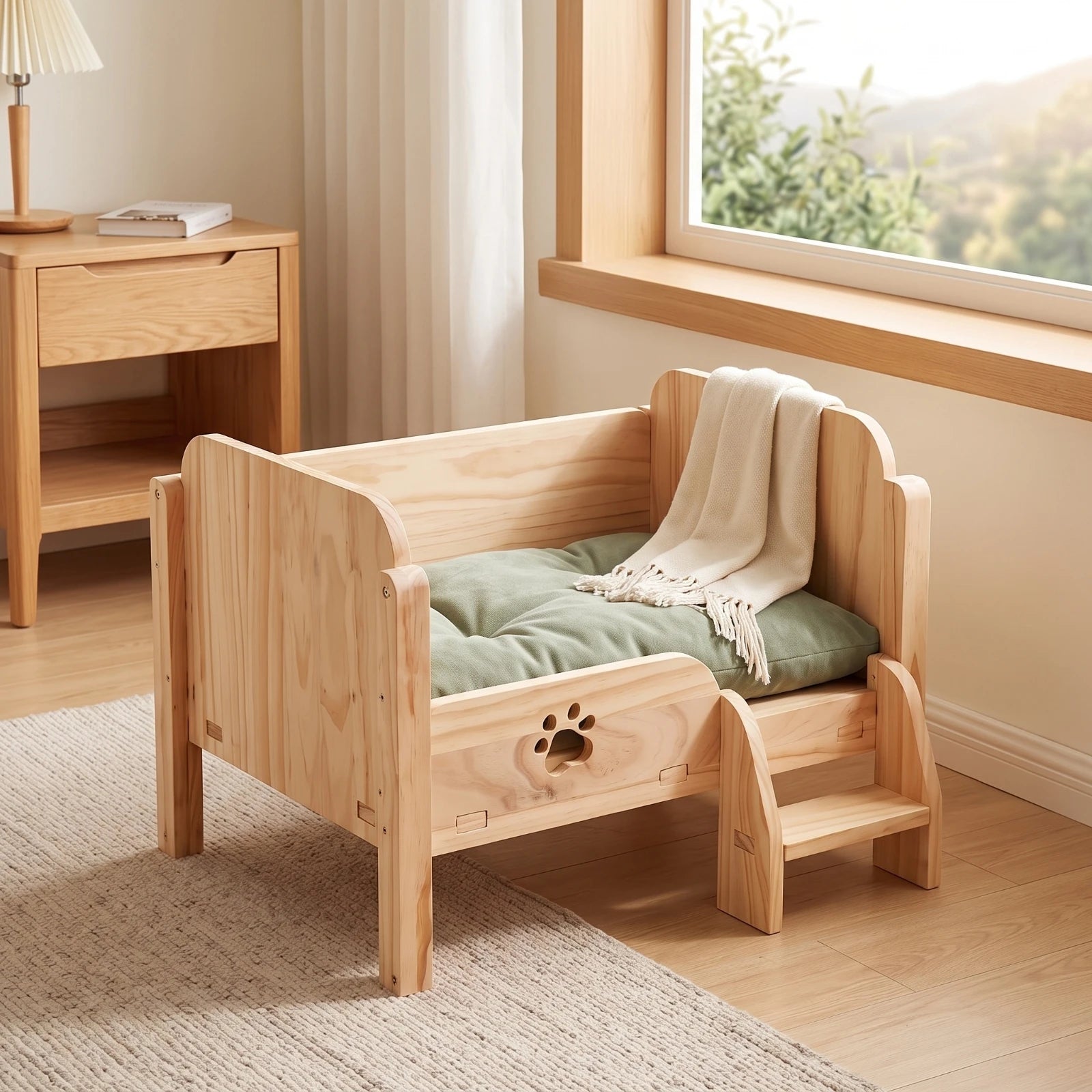 Elevated Wooden Pet Bed — Cozy Raised Cat Sofa with Step