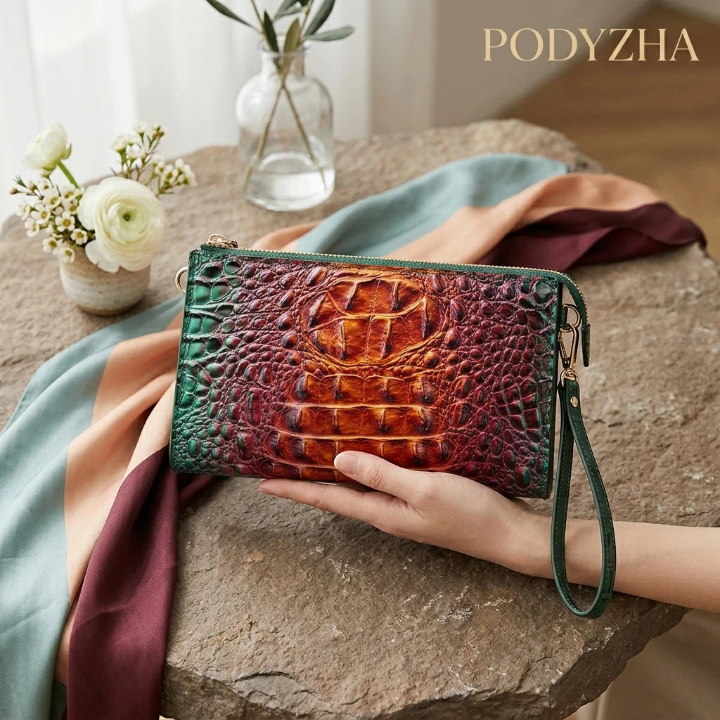 Crocodile Embossed Crossbody Wristlet — Versatile Clutch Bag with Adjustable Strap