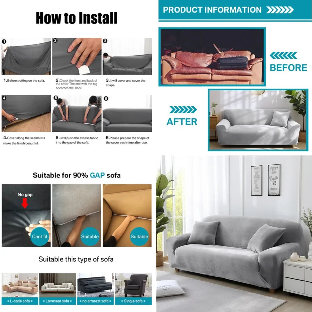 Stretch Velvet Sofa Covers — Soft Furniture Protector with Non-Slip Bottom
