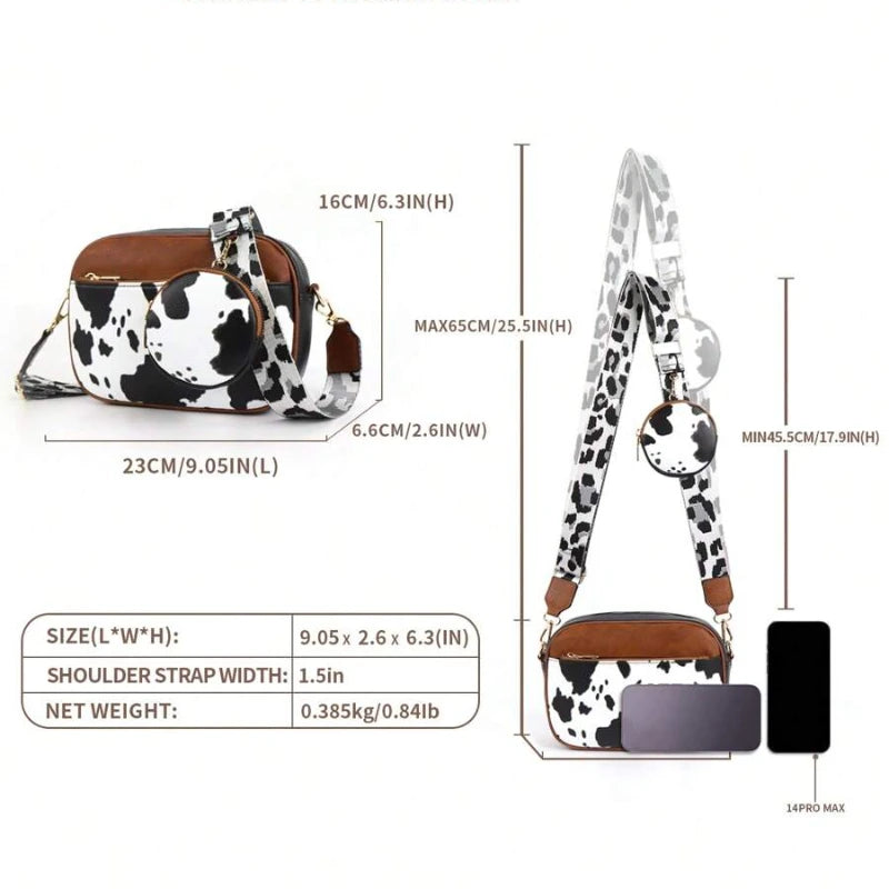 Retro Cow Pattern Crossbody Bag — Stylish Colorblock Shoulder Purse