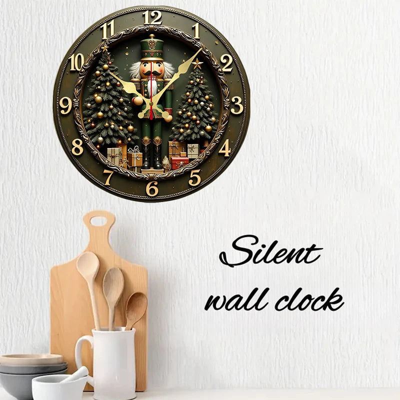 Nutcracker Wooden Wall Clock — Silent Round Holiday Decor