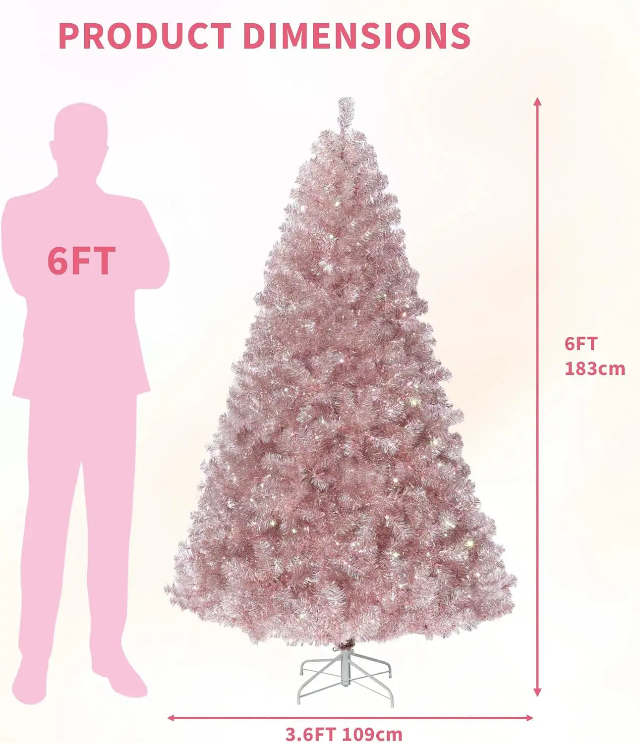 Rose Gold Tinsel Artificial Christmas Tree — Prelit with 250 LED Lights