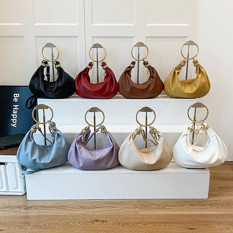 Elegant PU Leather Hobo Bag — Stylish Gold Ring Handle Tote