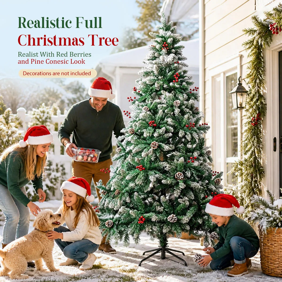 Snow Flocked Artificial Christmas Tree — Realistic Pine Cones & Red Berries