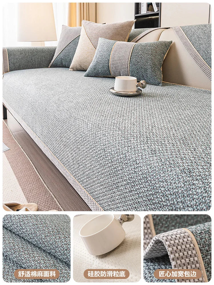 Woven Cotton and Linen Sofa Cover — Non-Slip All-Season Cushion Protector