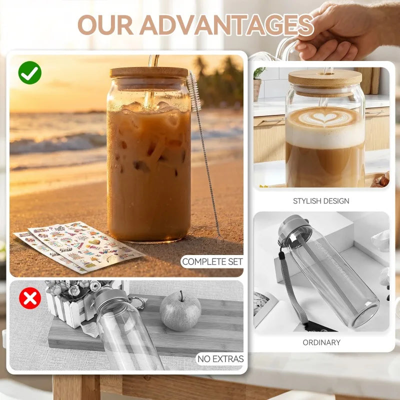 Glass Tumbler Set with Bamboo Lids — Reusable Iced Coffee Cups & Straws
