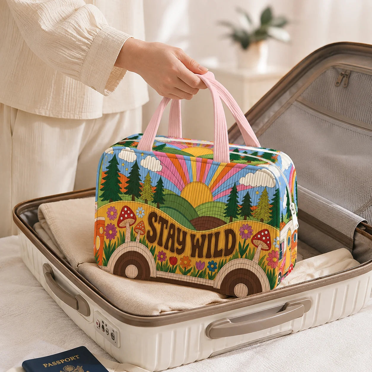 Retro Corduroy Cosmetic Bag — Portable Makeup & Toiletry Organizer