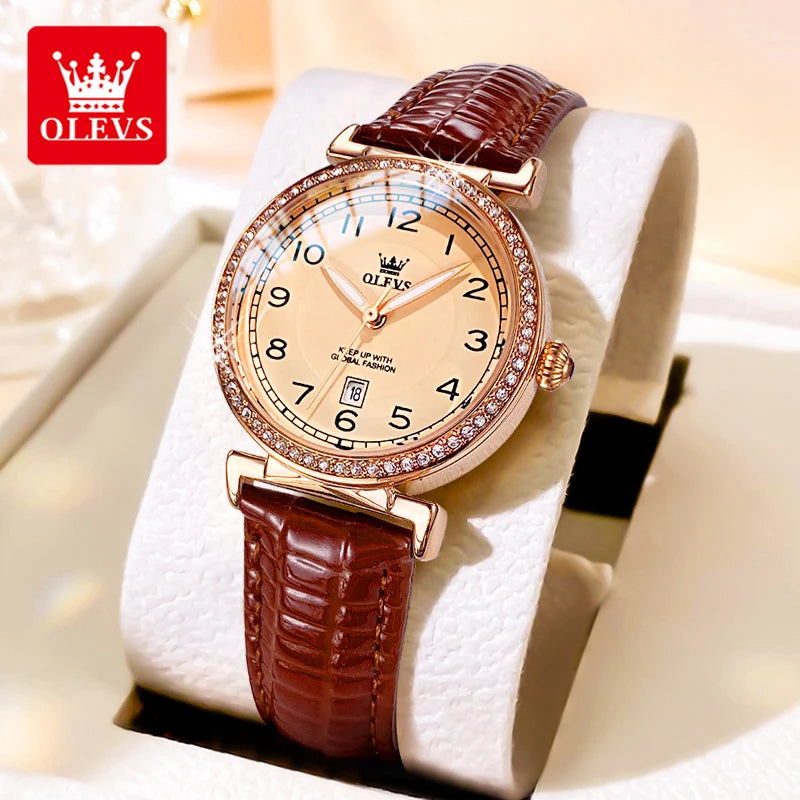 OLEVS 5590 Luxury Women's Watch — Diamond Bezel & Leather Strap